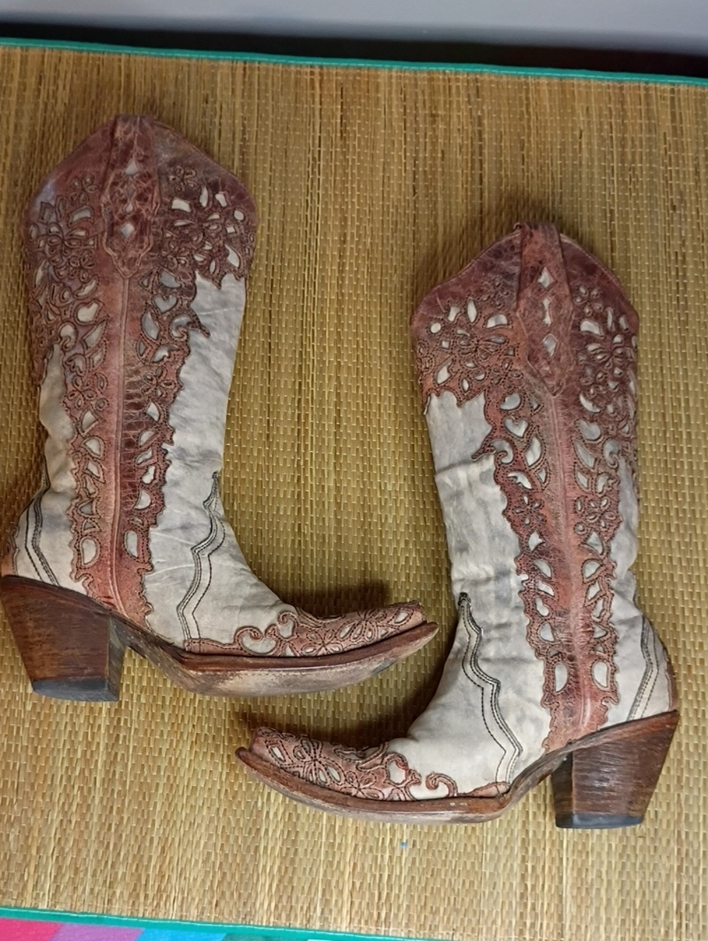 Cream & Brown Scroll Overlay Western Heeled Boots By Corral Vintage